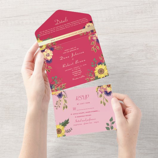 Zonnebloem Boho Roze bruiloft All In One Uitnodiging (Afscheurbaar)