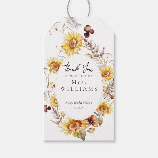 Zonnebloem Boho Wilde Bloem Moderne Bruidsuitnodig Cadeaulabel (Voorkant)