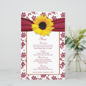 Zonnebloem Bourgogne Wit Damask Wedding Menu Kaart (Staand voorkant)