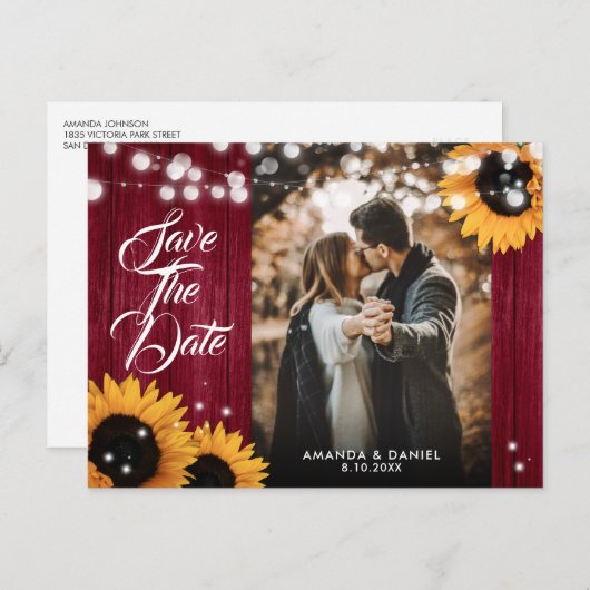 Zonnebloem Bourgondië Trouwfoto Bewaar de datum Aankondigingskaart (Voorkant / Achterkant)