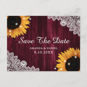 Zonnebloem Bourgundy Wood Rustic Save the Date Briefkaart