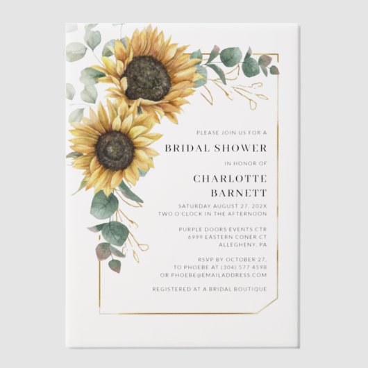 Zonnebloem Bruiloft met Bloemig Eucalyptus Motief Vellum Uitnodigingen (Voorkant)