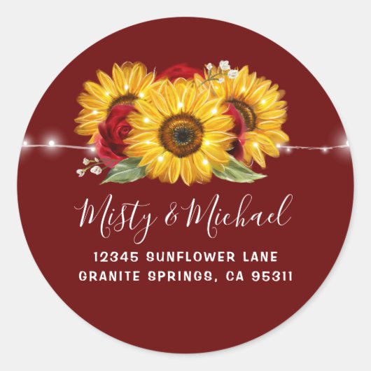 Zonnebloem bruiloft retour adres envelop afdichtin ronde sticker (Voorkant)