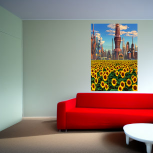 Zonnebloem buiten de stad AI Art Poster