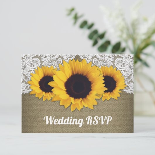 Zonnebloem Burlap en Kant Bruiloft RSVP Kaarten (Staand voorkant)