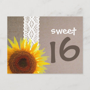 Zonnebloem Burlap & Lace Sweet 16 Birthday Invite Uitnodiging Briefkaart