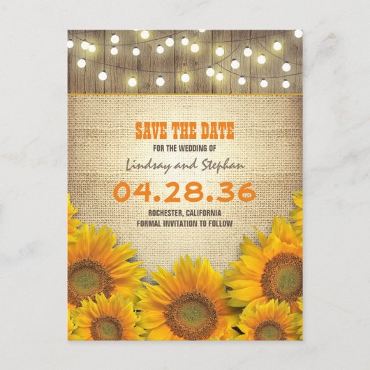 Zonnebloem burlap String Light Rustic Save the Dat Aankondigingskaart (Voorkant)