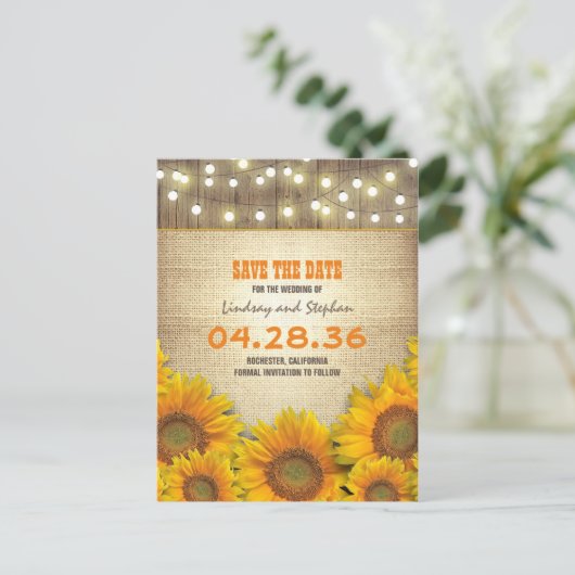 Zonnebloem burlap String Light Rustic Save the Dat Aankondigingskaart (Staand voorkant)