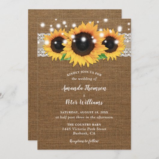 Zonnebloem Burlap Wedding Invitations Kaart (Voorkant / Achterkant)