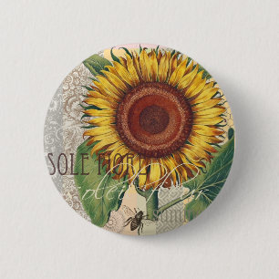 Zonnebloem damast bloemmotief kunst ronde button 5,7 cm