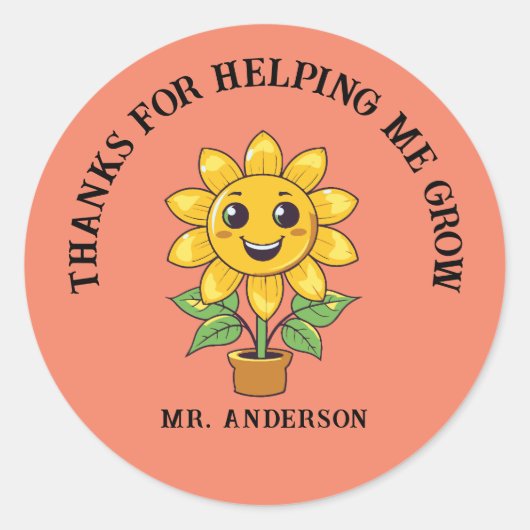 Zonnebloem dank u voor het helpen van mij groeien  ronde sticker (Voorkant)