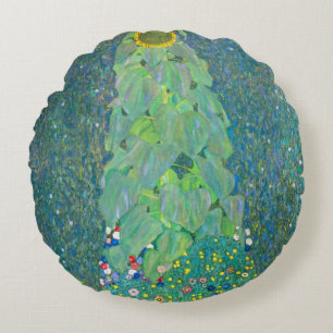 Zonnebloem door Klimt, Vintage Bloemen Art Nouveau Rond Kussen