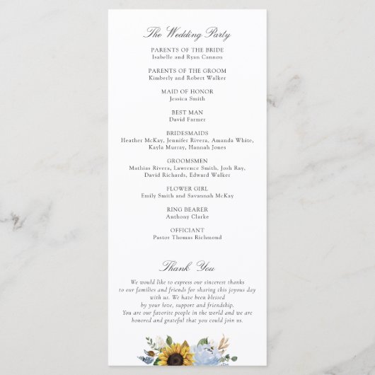 Zonnebloem Dusty Blue Floral Elegant Script Wedden Programma (Achterkant)