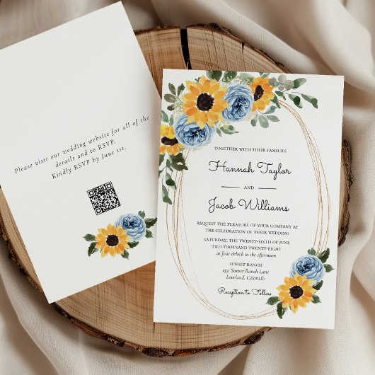 Zonnebloem Dusty Blue Rustic QR Code Wedding Kaart