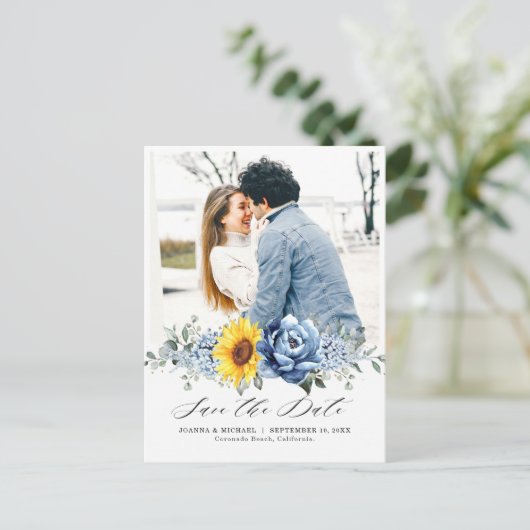 Zonnebloem Dusty Blue Slate Peony Save the Date Briefkaart (Staand voorkant)