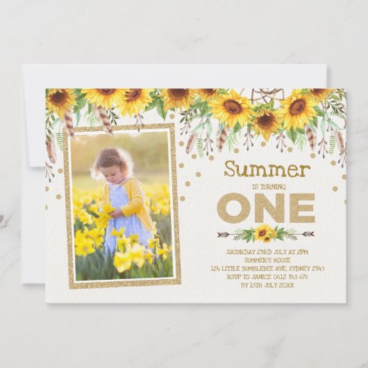 Zonnebloem Eerste 1e verjaardag Gele zomer Floral Kaart (Voorkant)