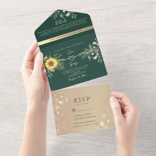 Zonnebloem Emerald Green Wedding All In One Uitnodiging (Afscheurbaar)