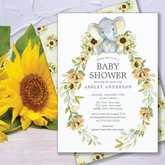Zonnebloem en Baby-olifant Baby shower Kaart