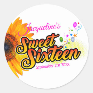 Zonnebloem en ballonnen op witte zweet-zestien ronde sticker