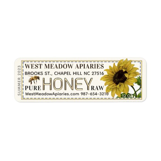 Zonnebloem en bijenhoning Label Dashed Border (Voorkant)
