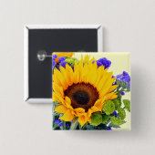 Zonnebloem en Blauwe Statice Vierkante Button 5,1 Cm (Voorkant /achterkant)
