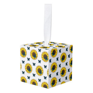 Zonnebloem en blauwe vlinder kubus ornament