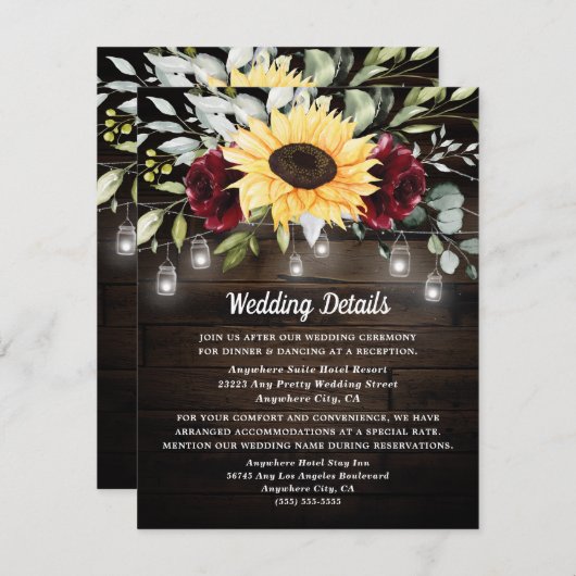 Zonnebloem en Bourgondiërode Roos Rustieke Bruilof Informatiekaartje (Voorkant / Achterkant)