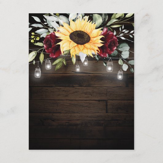 Zonnebloem en Bourgondiërode Roos Rustieke Bruilof Informatiekaartje (Achterkant)