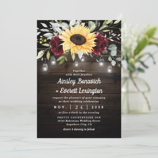 Zonnebloem en bruidsroze roodroodbruin huwelijk kaart (Staand voorkant)