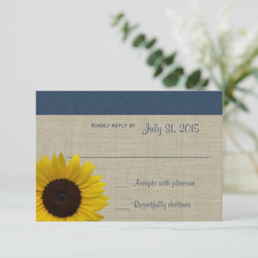Zonnebloem en Burlap Navy Blue Response Kaart (Staand voorkant)
