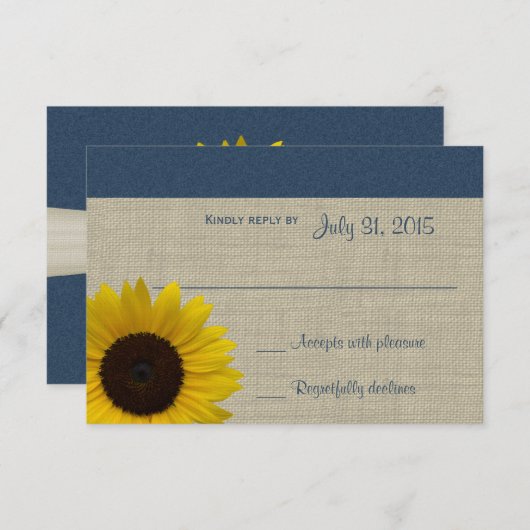 Zonnebloem en Burlap Navy Blue Response Kaart (Voorkant / Achterkant)