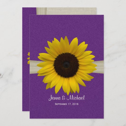 Zonnebloem en Burlap Paarse bruiloft Kaart (Voorkant / Achterkant)