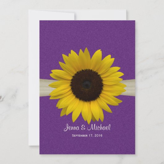 Zonnebloem en Burlap Paarse bruiloft Kaart (Voorkant)