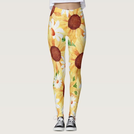 Zonnebloem en Daisy-Waterverf Leggings (Voorkant)