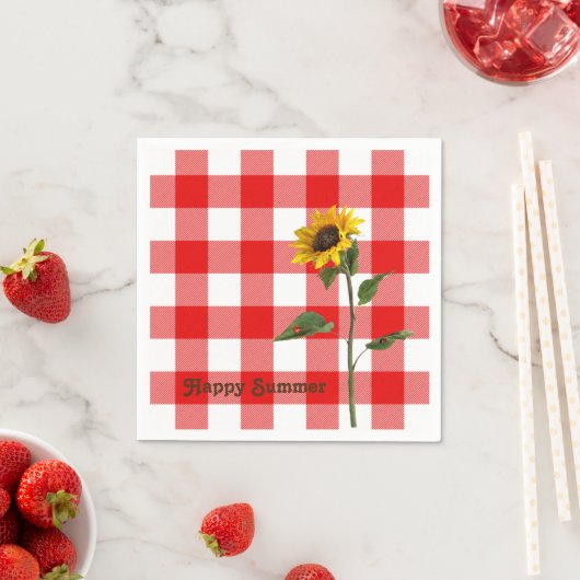 Zonnebloem en dame bug op buffel plaid servet (Insitu)