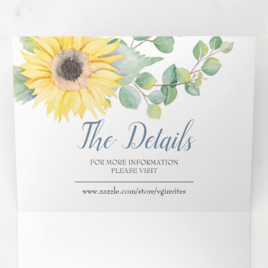 Zonnebloem en eucalyptus in één bruiloft drieluik uitnodiging (Binnenzijde eerst)