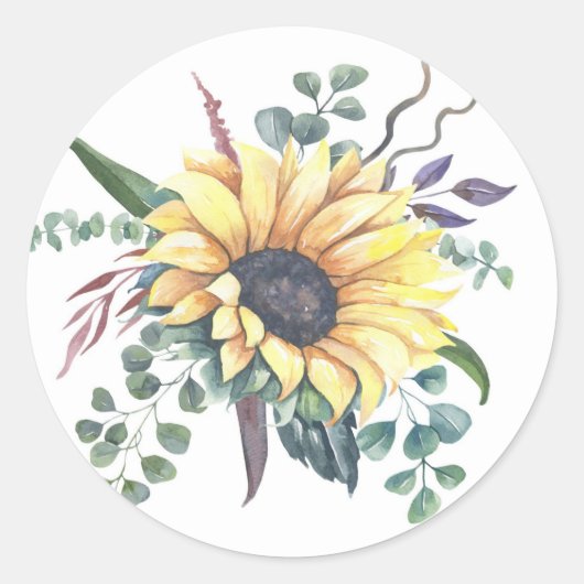 Zonnebloem en eucalyptus ronde sticker (Voorkant)
