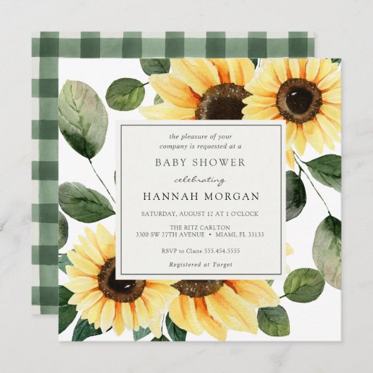 Zonnebloem en groen Baby shower Uitnodiging (Voorkant / Achterkant)
