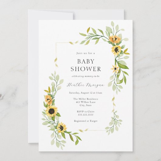 Zonnebloem en groen Lijst Baby shower Kaart (Voorkant)