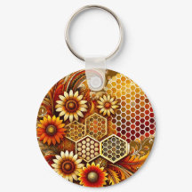 Zonnebloem en Honingraat Design Sleutelhanger