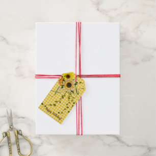 zonnebloem en ivy bouquet op gingham cadeaulabel