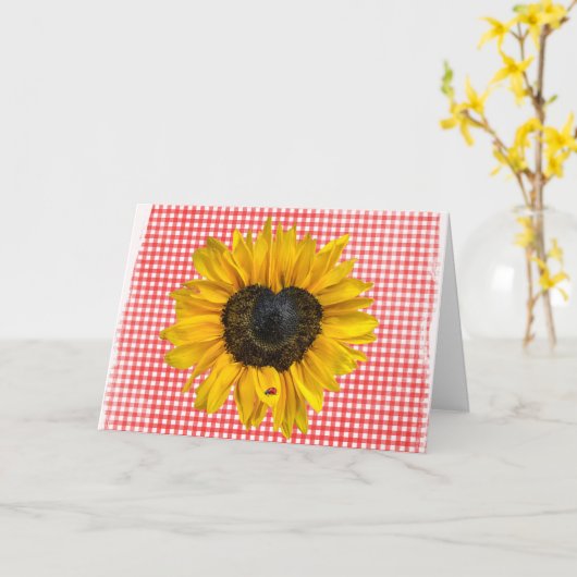 Zonnebloem en Ladybug op Gingham Kaart (Gele Bloem)