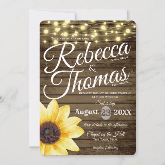 Zonnebloem en Lichten Rustieke Bruiloft Kaart (Voorkant)