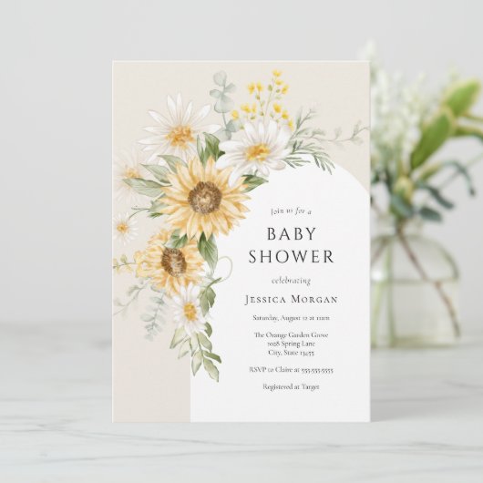 Zonnebloem en Madeliefje Baby Shower Uitnodiging (Staand voorkant)