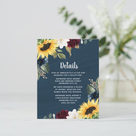 Zonnebloem en Marineblauw Aquarel Rustieke Trouwda Informatiekaartje (Staand voorkant)