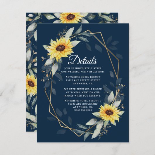 Zonnebloem en marineblauw Geometrisch Rustisch huw Informatiekaartje (Voorkant / Achterkant)