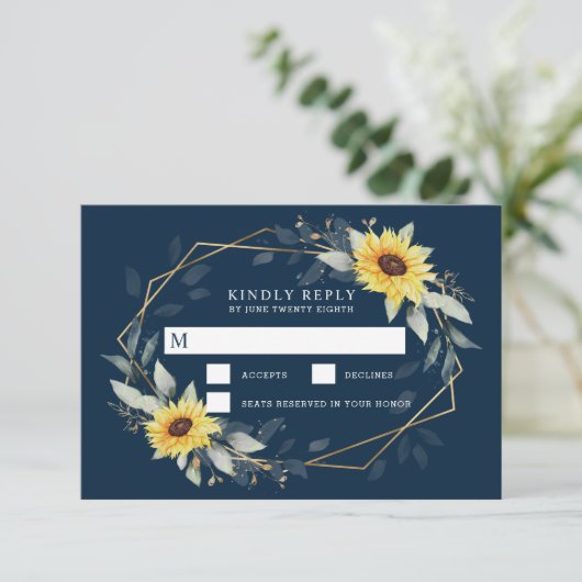Zonnebloem en marineblauw Geometrisch Rustisch huw RSVP Kaartje (Staand voorkant)
