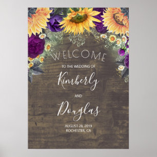 Zonnebloem en Paars Roos Valle bruiloft Welkom Poster