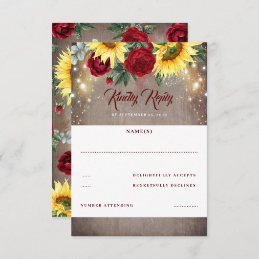 Zonnebloem en Red Rose Fall Bruiloft RSVP (Voorkant / Achterkant)