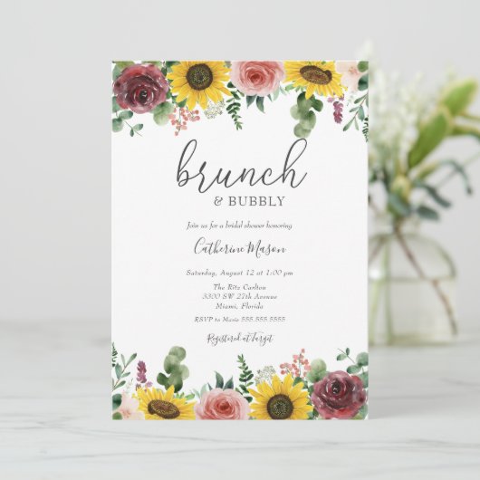 Zonnebloem en Roos Brunch en Bubble Vrijgezellenfe Kaart (Staand voorkant)
